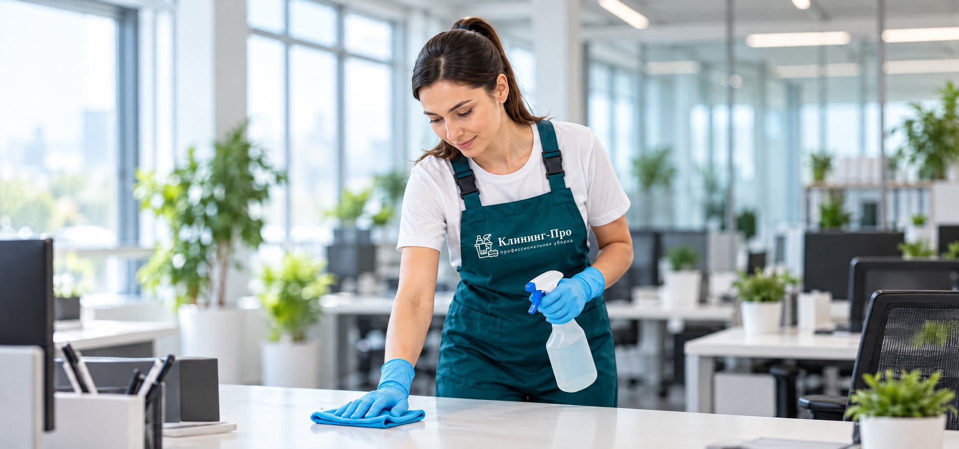 Сотрудница «Клининг-Про» в фирменном фартуке протирает стол в офисе